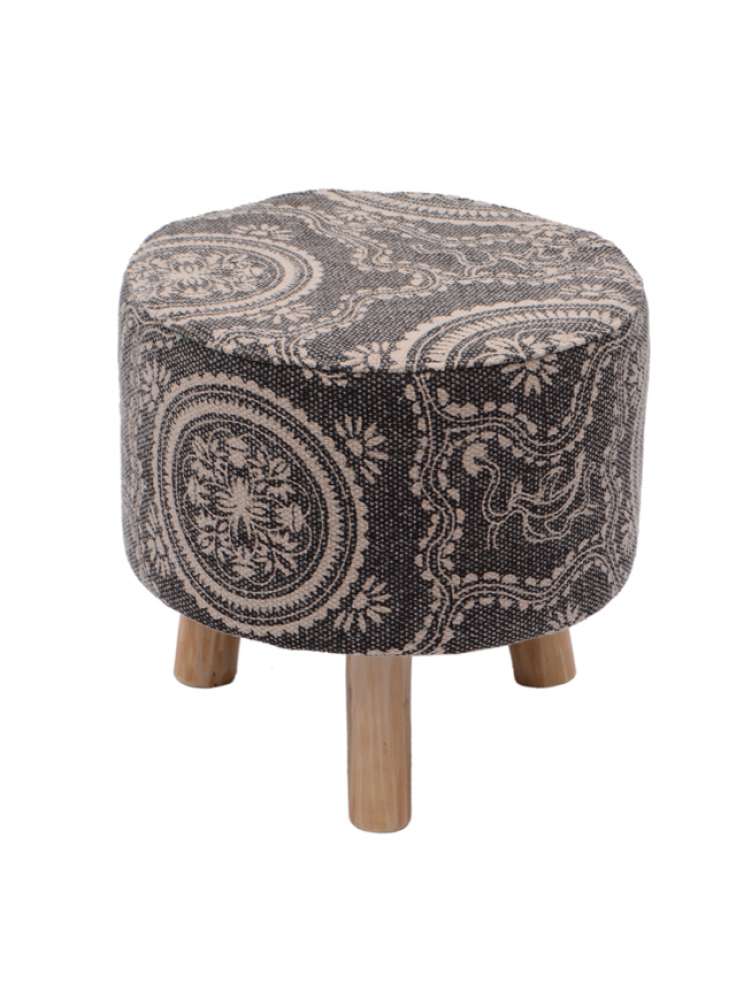 Handcrafted Printed Rug Upholstered Round Ottoman
