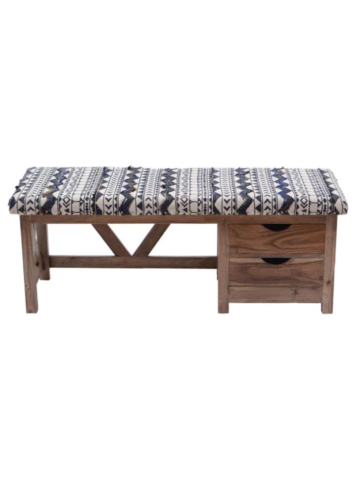 Embroidered Rug Upholstered Storage Wooden Bench