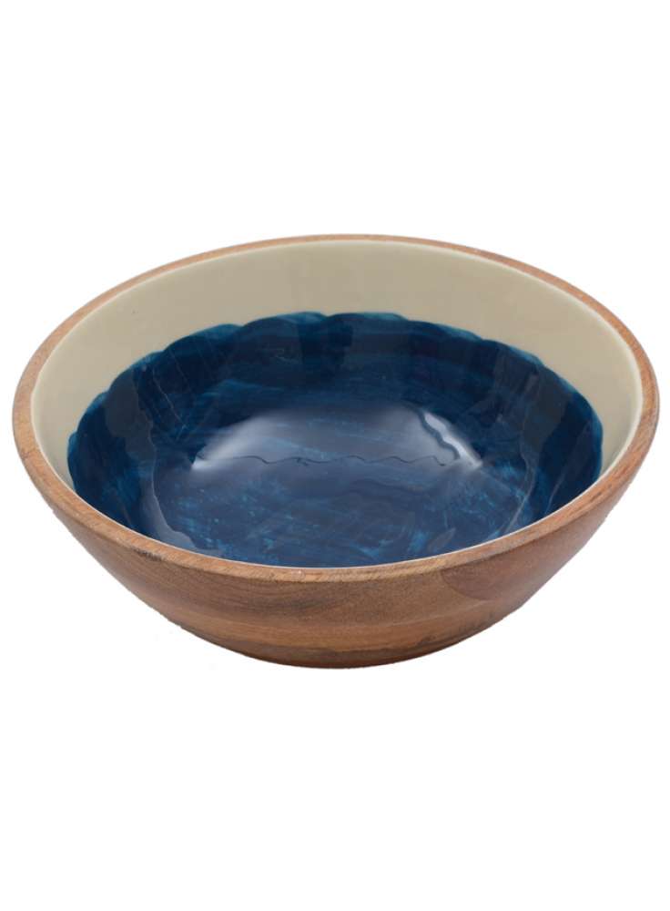 Blue And White Enamel Print Round Mango Wood Bowl