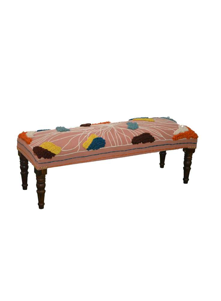 Embroidered Fabric Wooden Bench