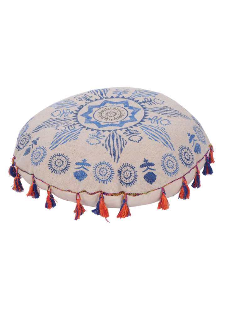 Hand Printed Bohemian Round Floor Pouf With Tassels
