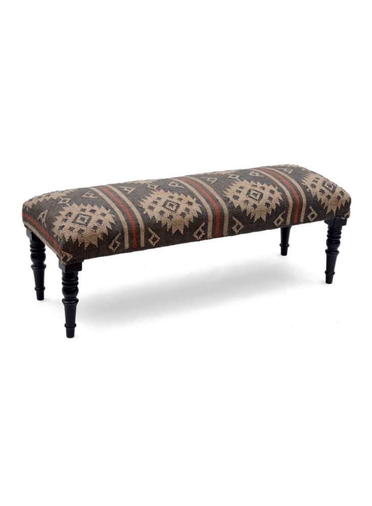 Antique Kilim Jute Rug Dhurrie Fabric Upholstered Wooden Bench