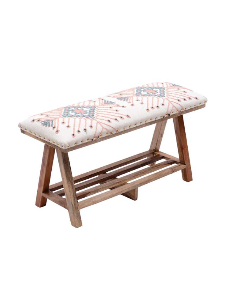 Embroidered Upholstered Storage Bench Stool