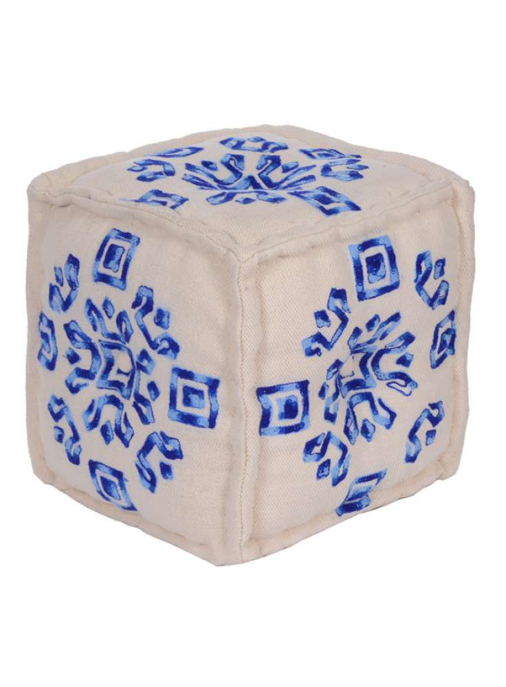 Embroidered White Blue Cube Pouf
