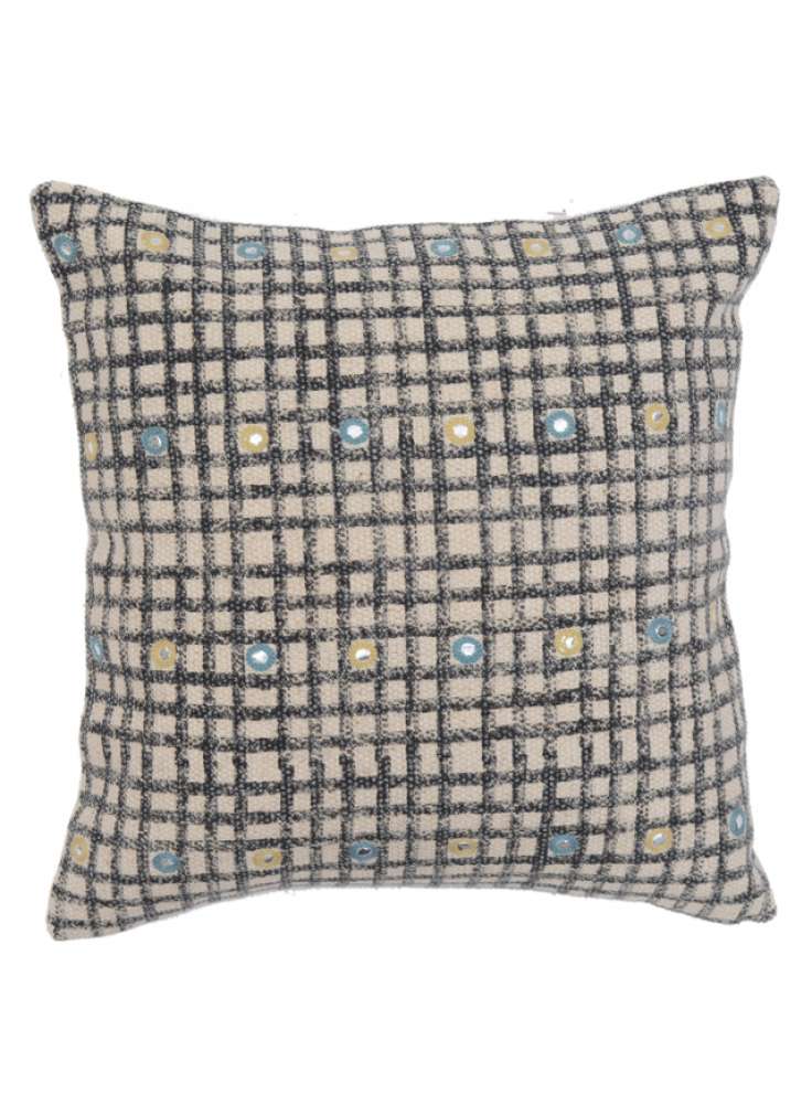 Checkered Design Printed Embroidered Cotton Cushion Cover