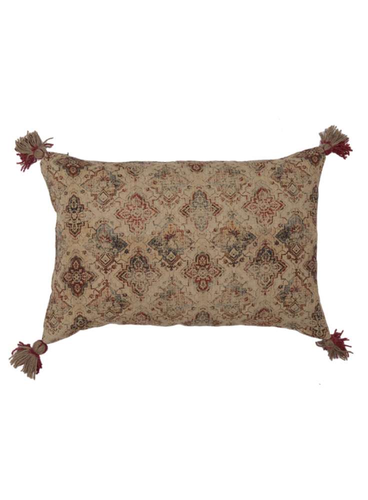 Faded Print Decorative Linen Pillow Cover With Tassel Corners