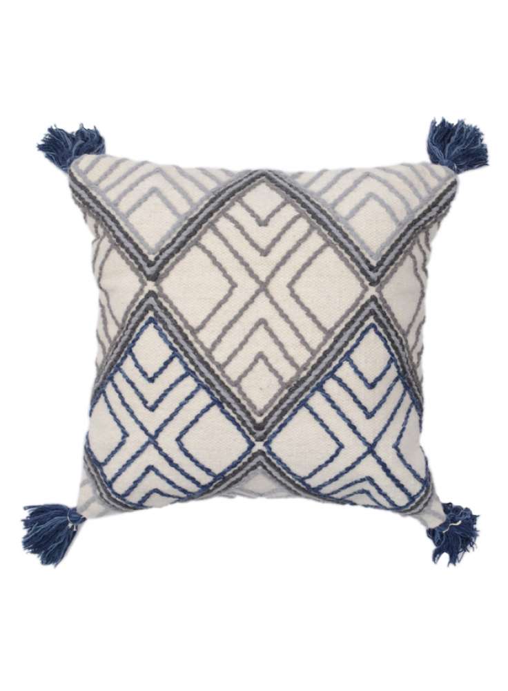 Embroidered Geometrical pattern cotton cushion cover with tassel