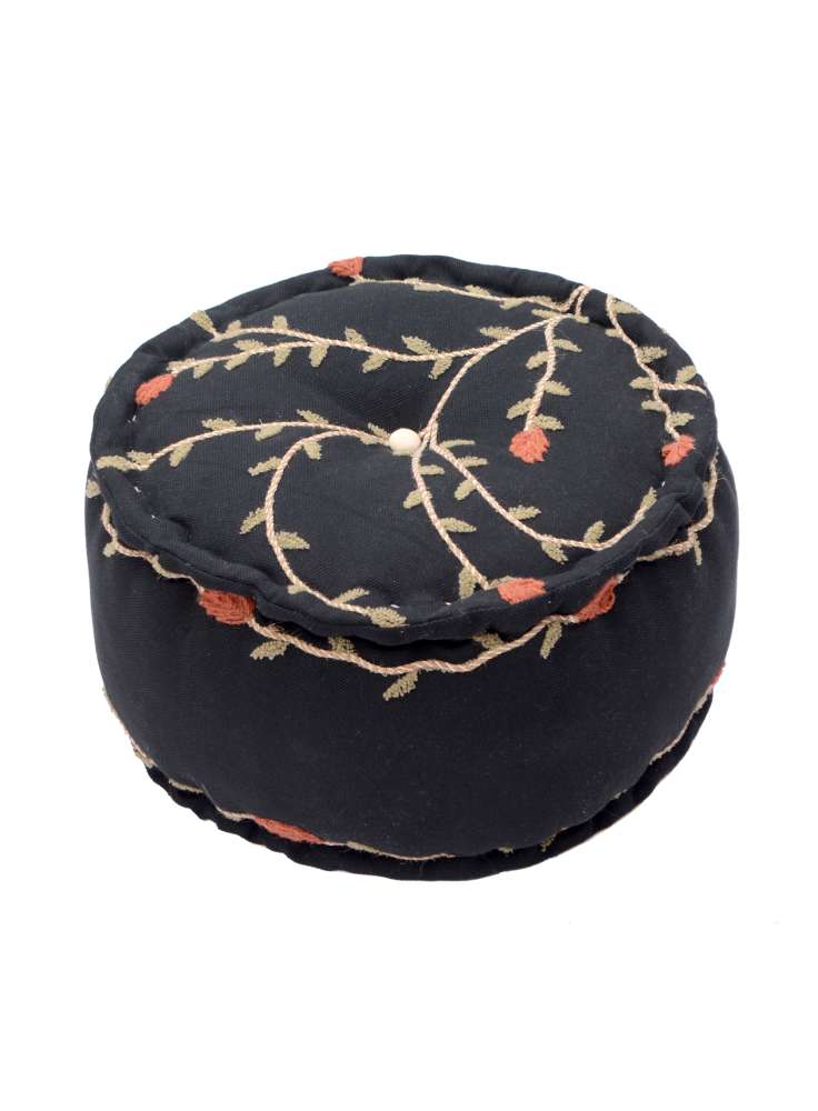 Black Ottoman Pouf With Embroidery