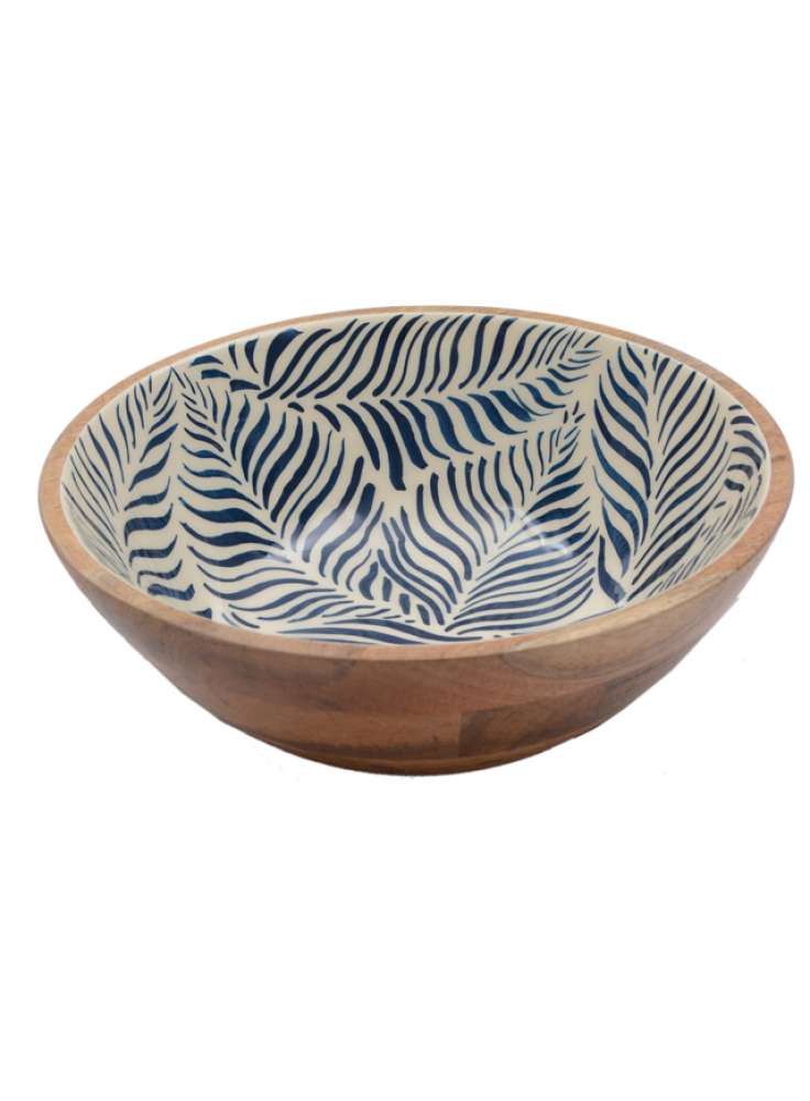 Blue And White Enamel Leaf Print Round Wood Bowl