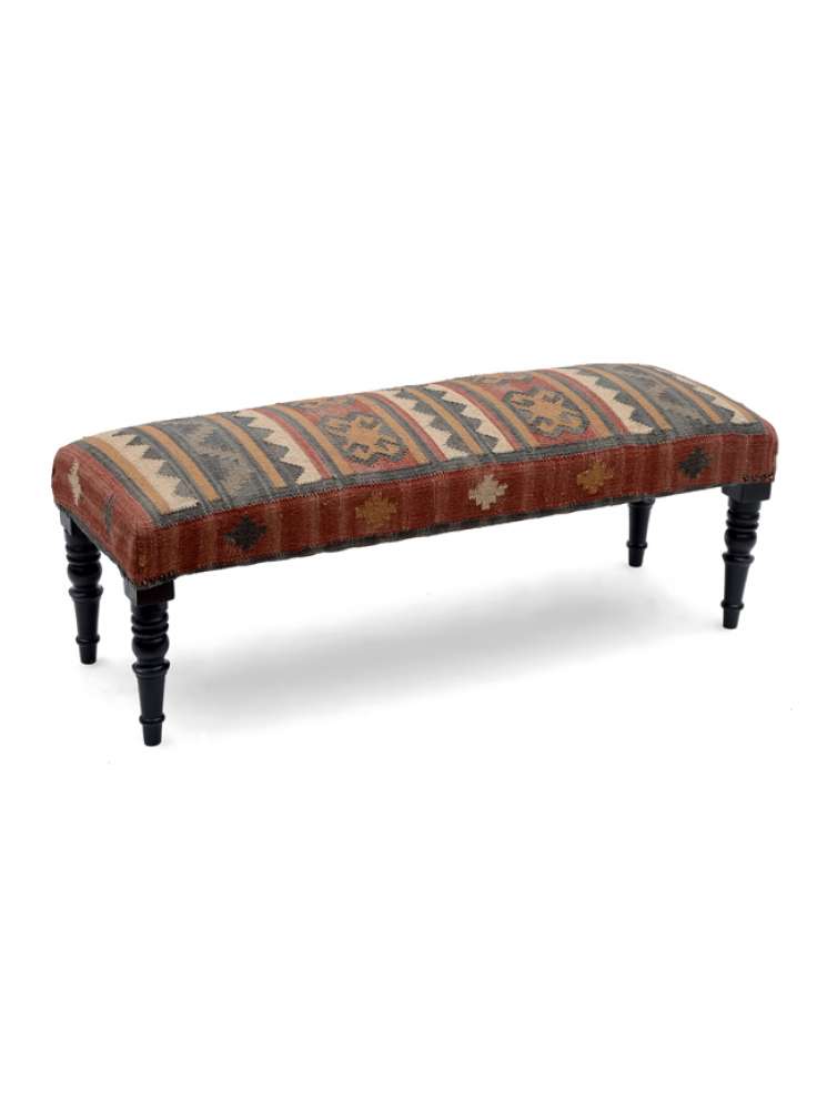 Vintage Kilim Jute Fabric Upholstered Wooden Bench