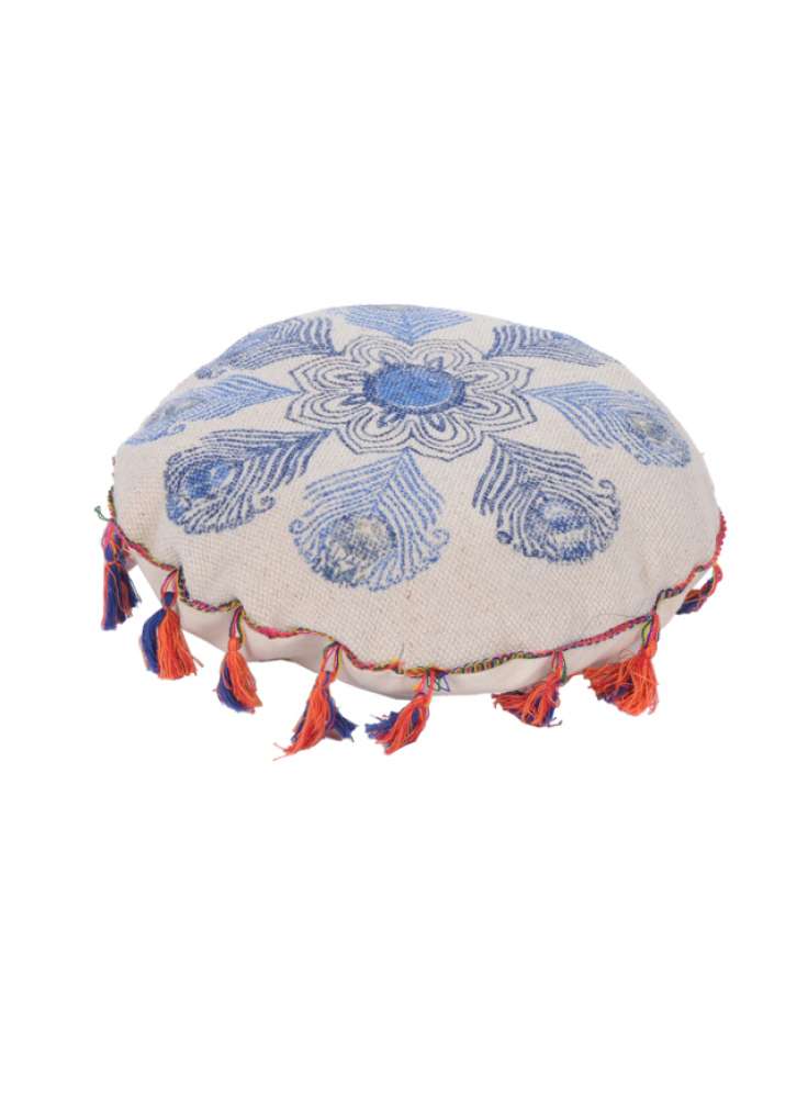 Feather Print Cotton Pouf With Tassel